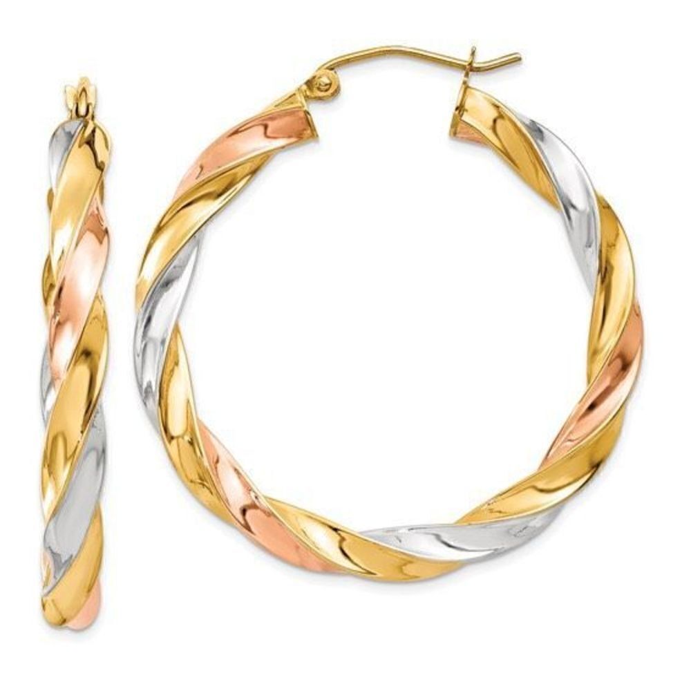 14k Tri-color Light Twisted Hoop Earrings measures 34mm long by 36mm wide